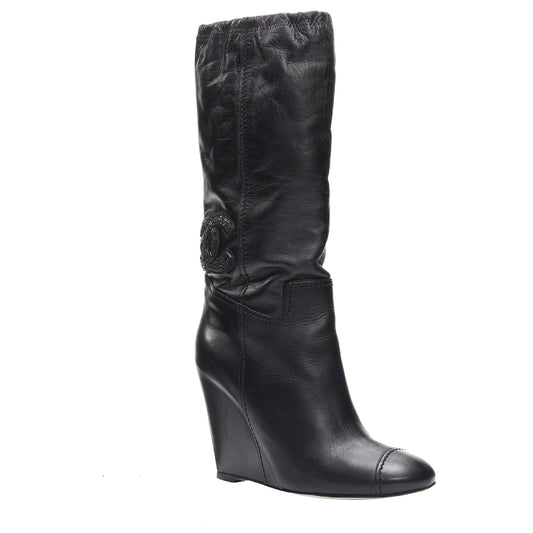 CHANEL CC CRYSTAL EMBELLISHED LAMBSKIN LEATHER WEDGE HEEL BOOTS