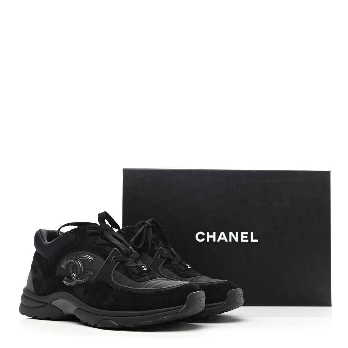 CHANEL Nylon Calfskin Suede CC TRIPLE BLACK TRAINER