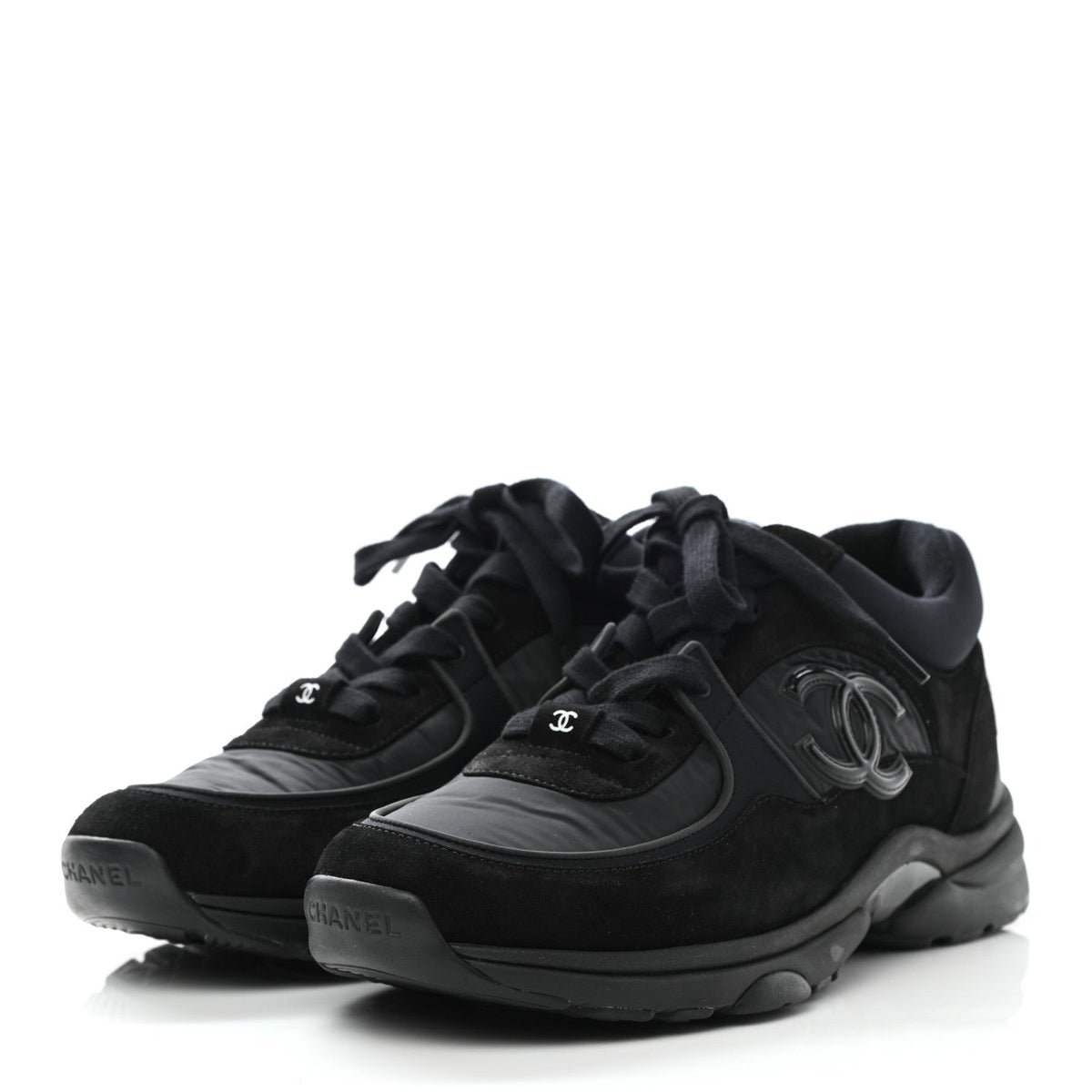 CHANEL Nylon Calfskin Suede CC TRIPLE BLACK TRAINER