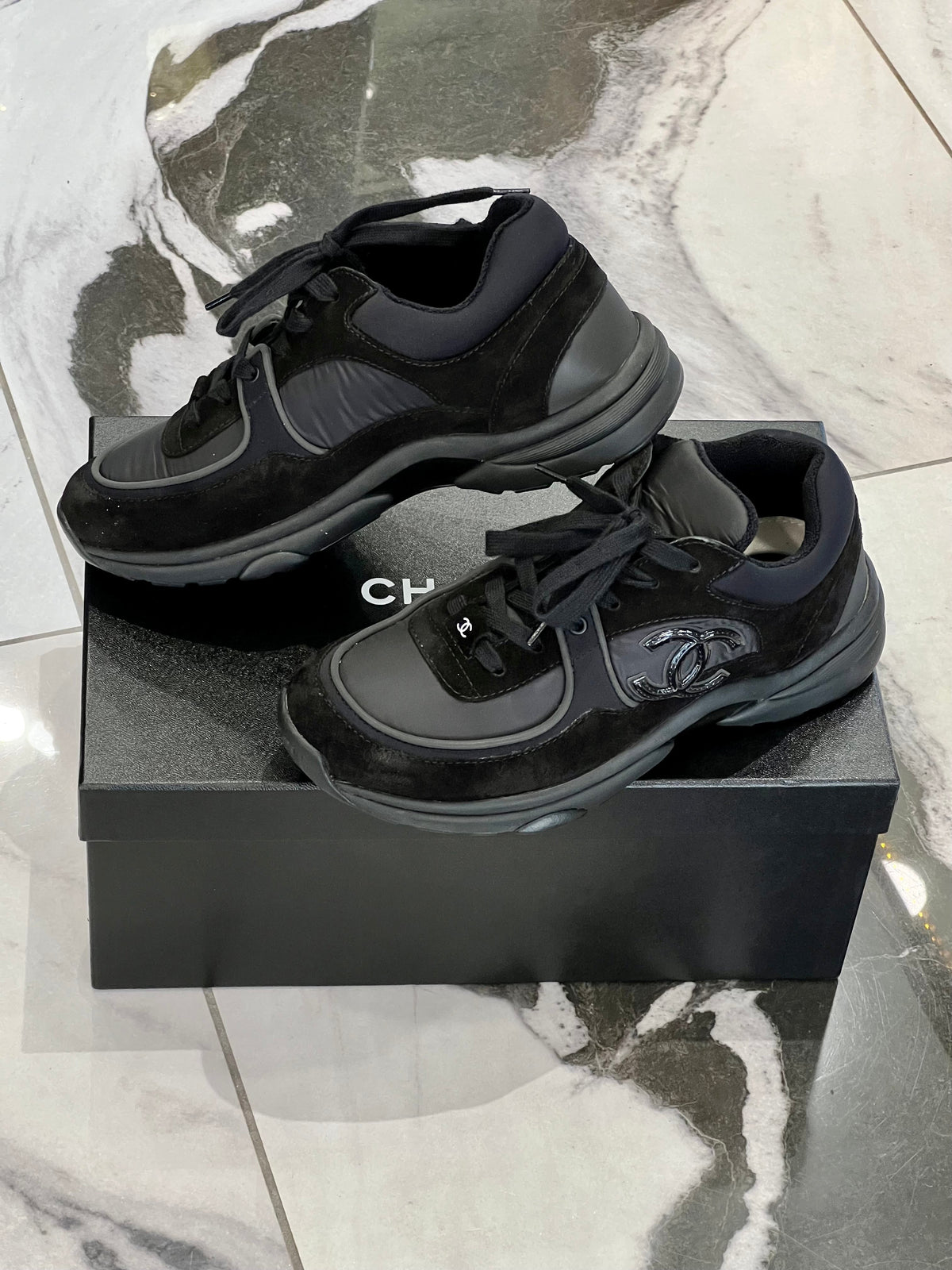 CHANEL Nylon Calfskin Suede CC TRIPLE BLACK TRAINER