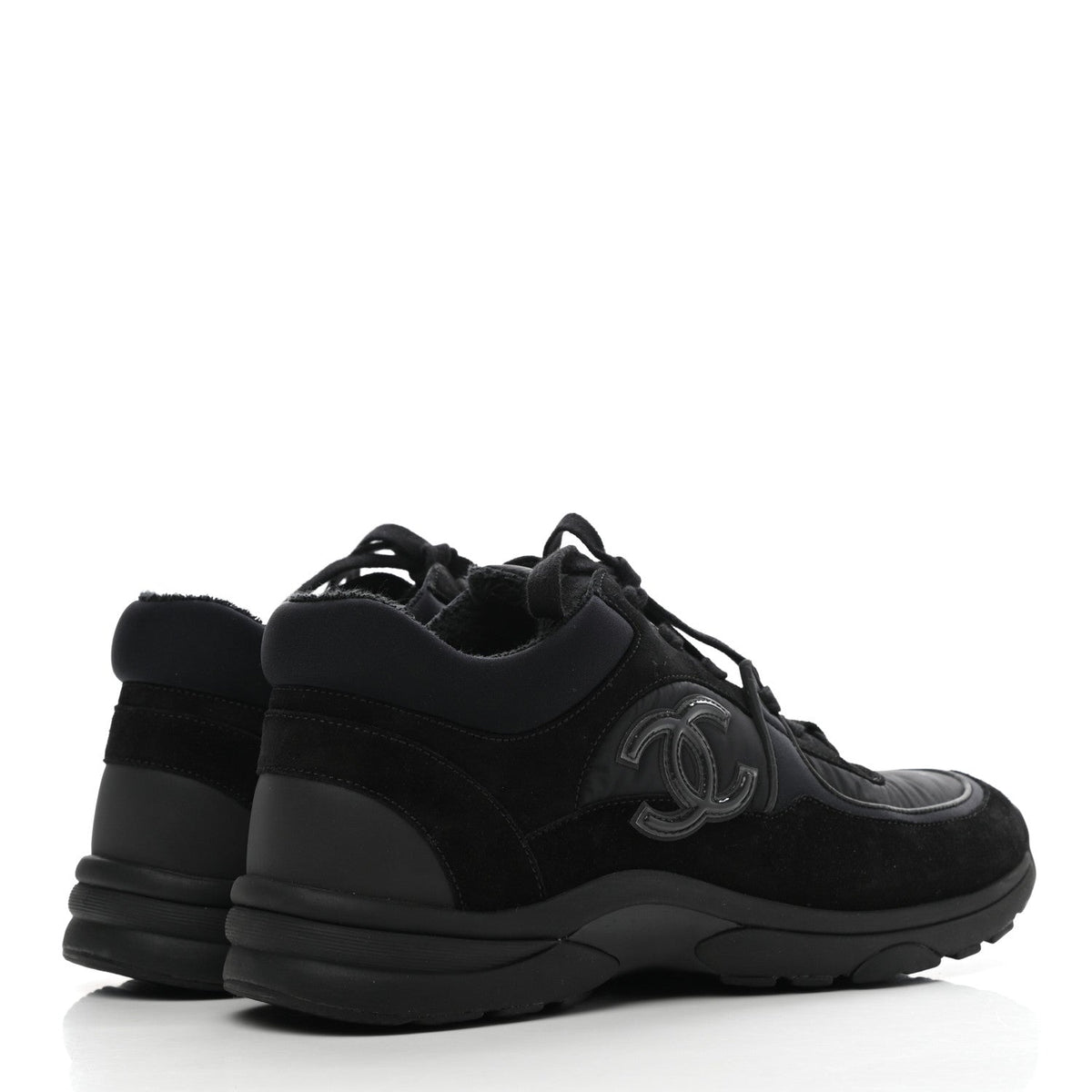 CHANEL Nylon Calfskin Suede CC TRIPLE BLACK TRAINER