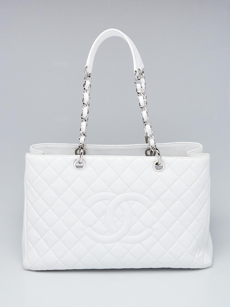 CHANEL WHITE QUILTED CAVIAR GRAND SHOPPER TOTE BAG
