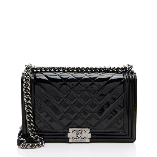 Chanel Chevron Patent Leather New Medium Boy Bag (SHF-NB6JRi)
