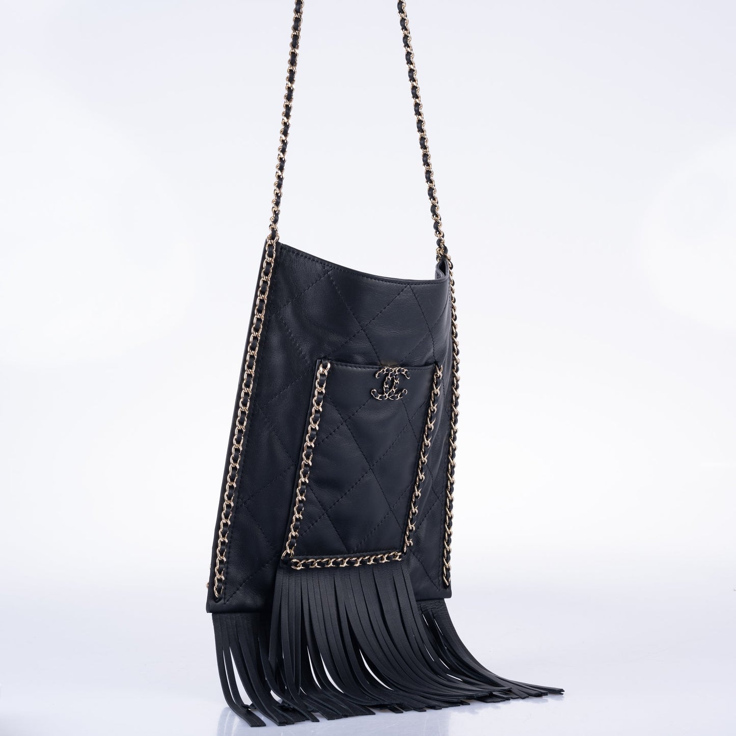 Chanel Fringe Crossbody Bag Black Quilted Lambskin Gold Hardware