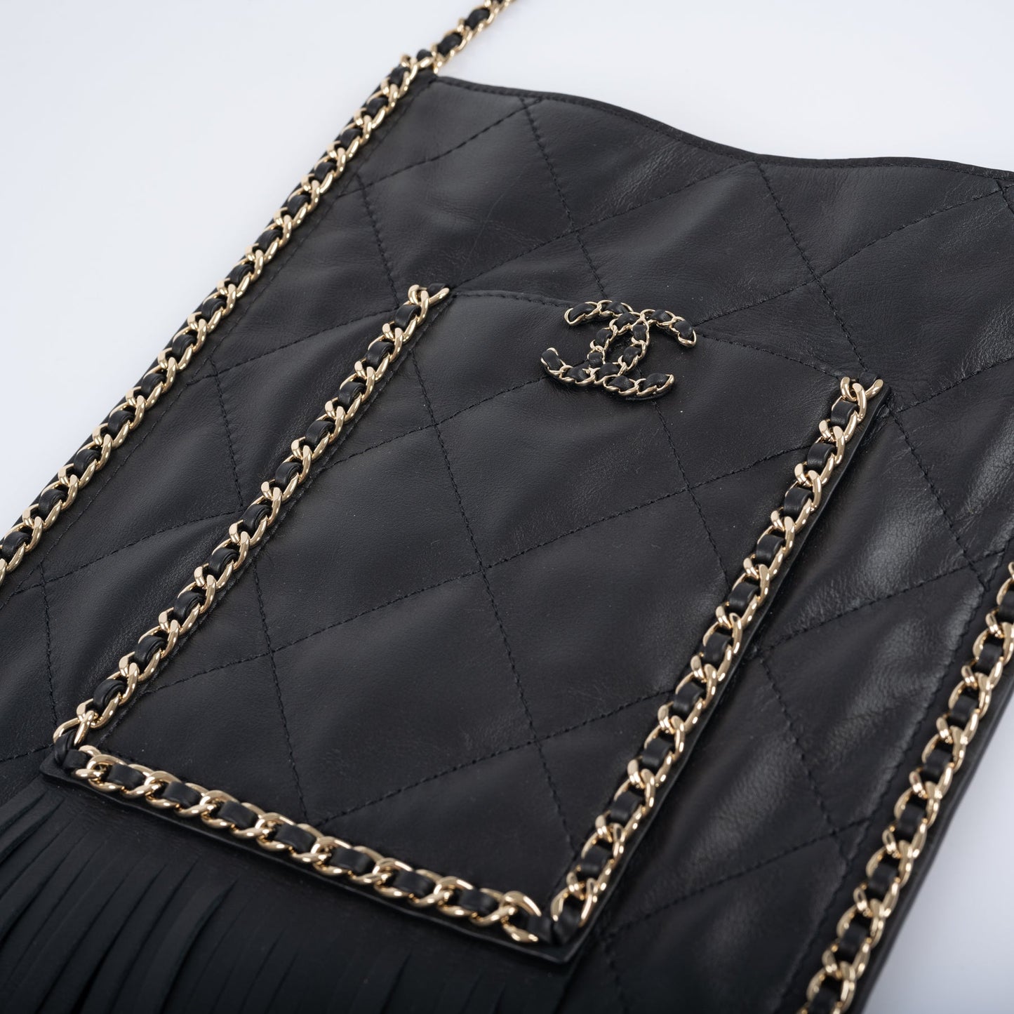 Chanel Fringe Crossbody Bag Black Quilted Lambskin Gold Hardware