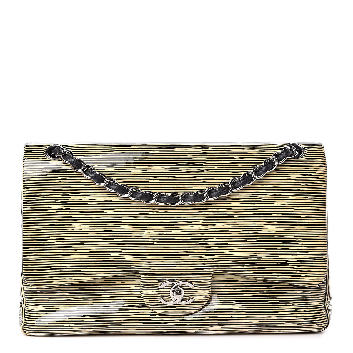CHANEL Patent Calfskin Striped Jumbo Double Flap