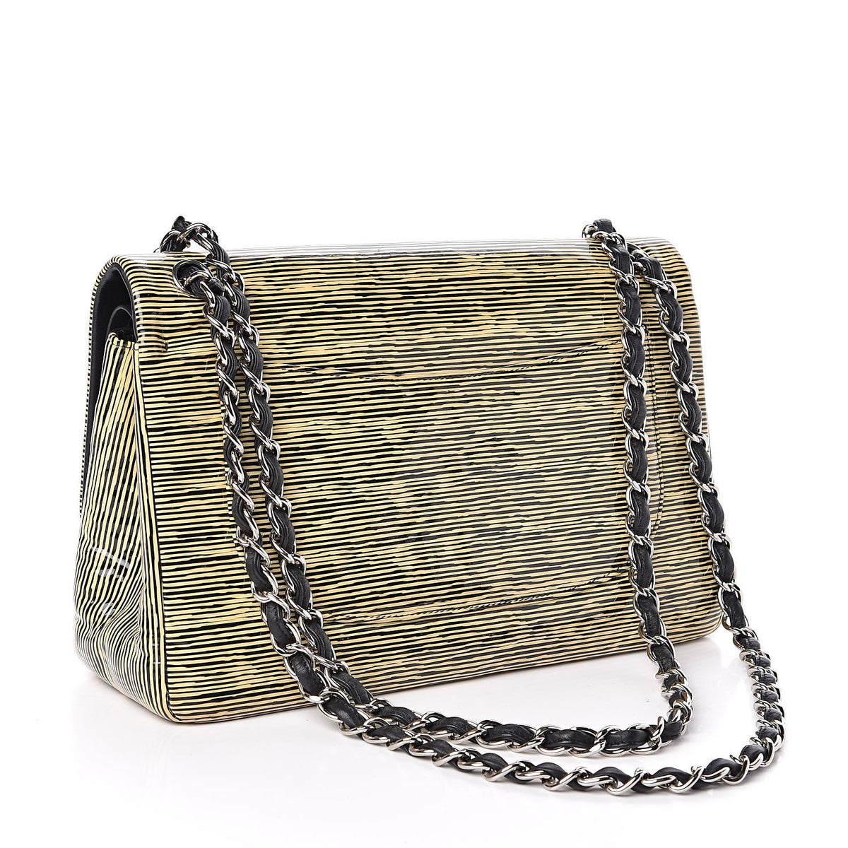 CHANEL Patent Calfskin Striped Jumbo Double Flap