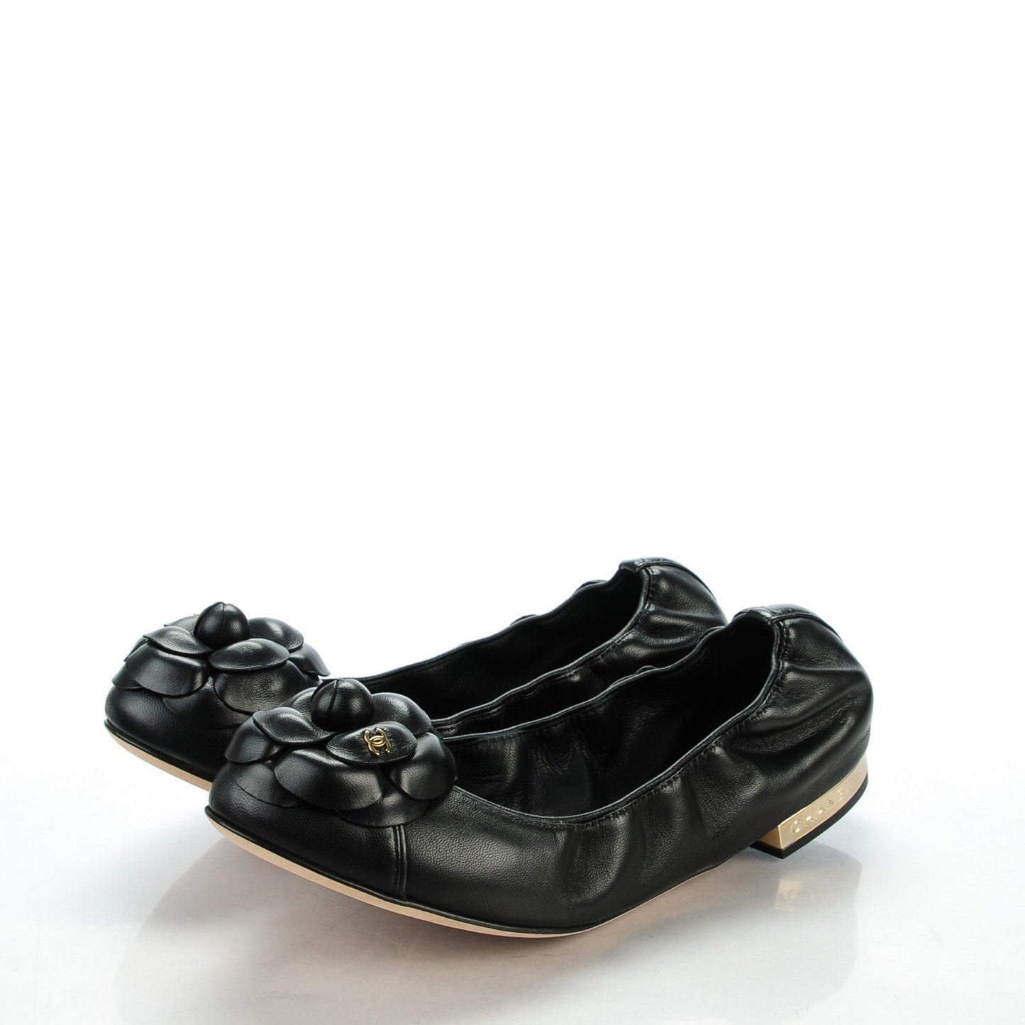 CHANEL LAMBSKIN CC CAMELLIA ELASTIC FLAT BALLERINA SHOES
