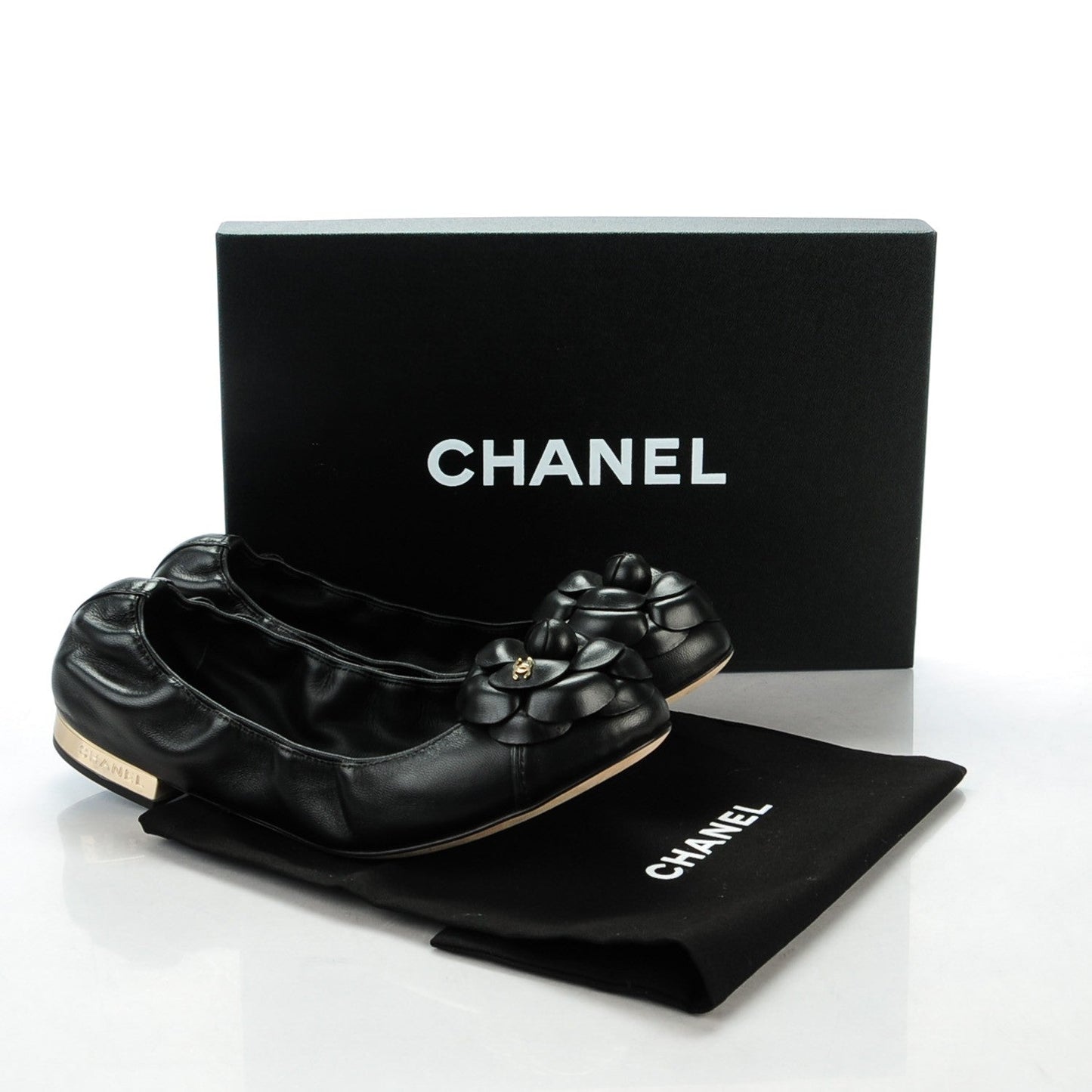 CHANEL LAMBSKIN CC CAMELLIA ELASTIC FLAT BALLERINA SHOES