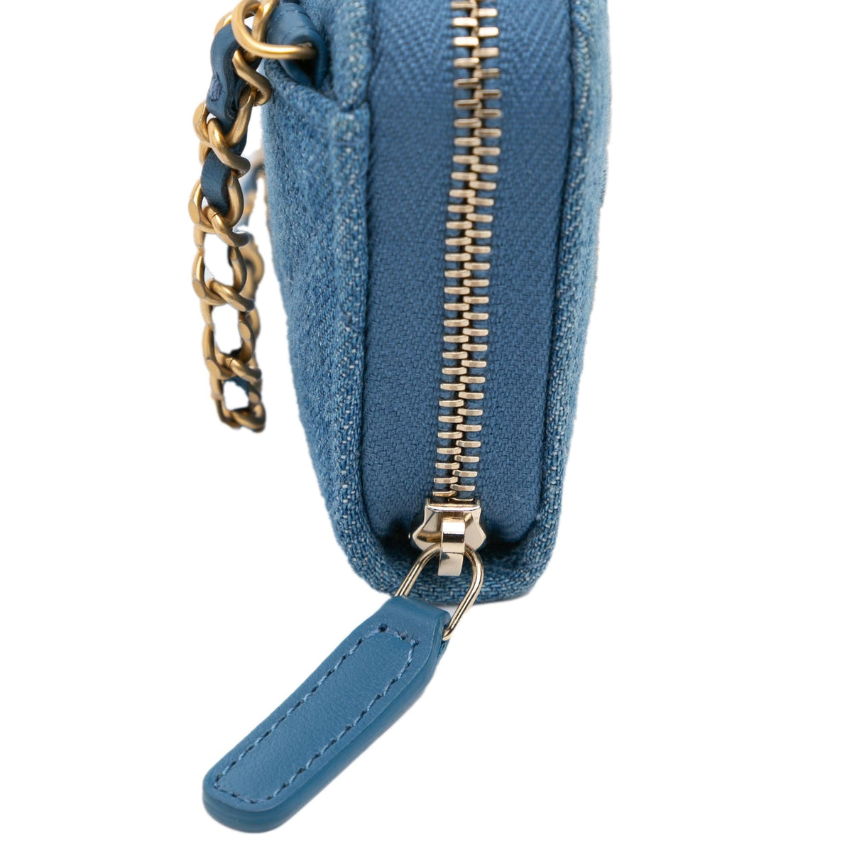 Chanel Mini Denim Pearl Crush Card Holder On Chain (SHG-clDWDq)