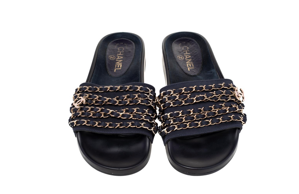 CHANEL TROPICONIC ICONIC GOLD LOGO CHAIN POOL SLIDES