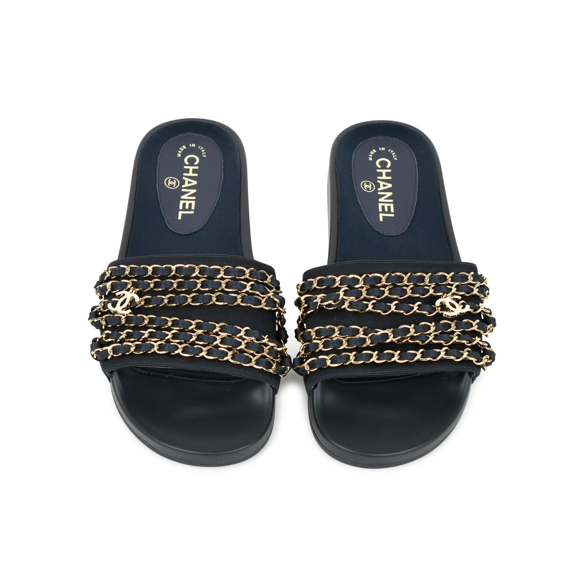 CHANEL TROPICONIC ICONIC GOLD LOGO CHAIN POOL SLIDES