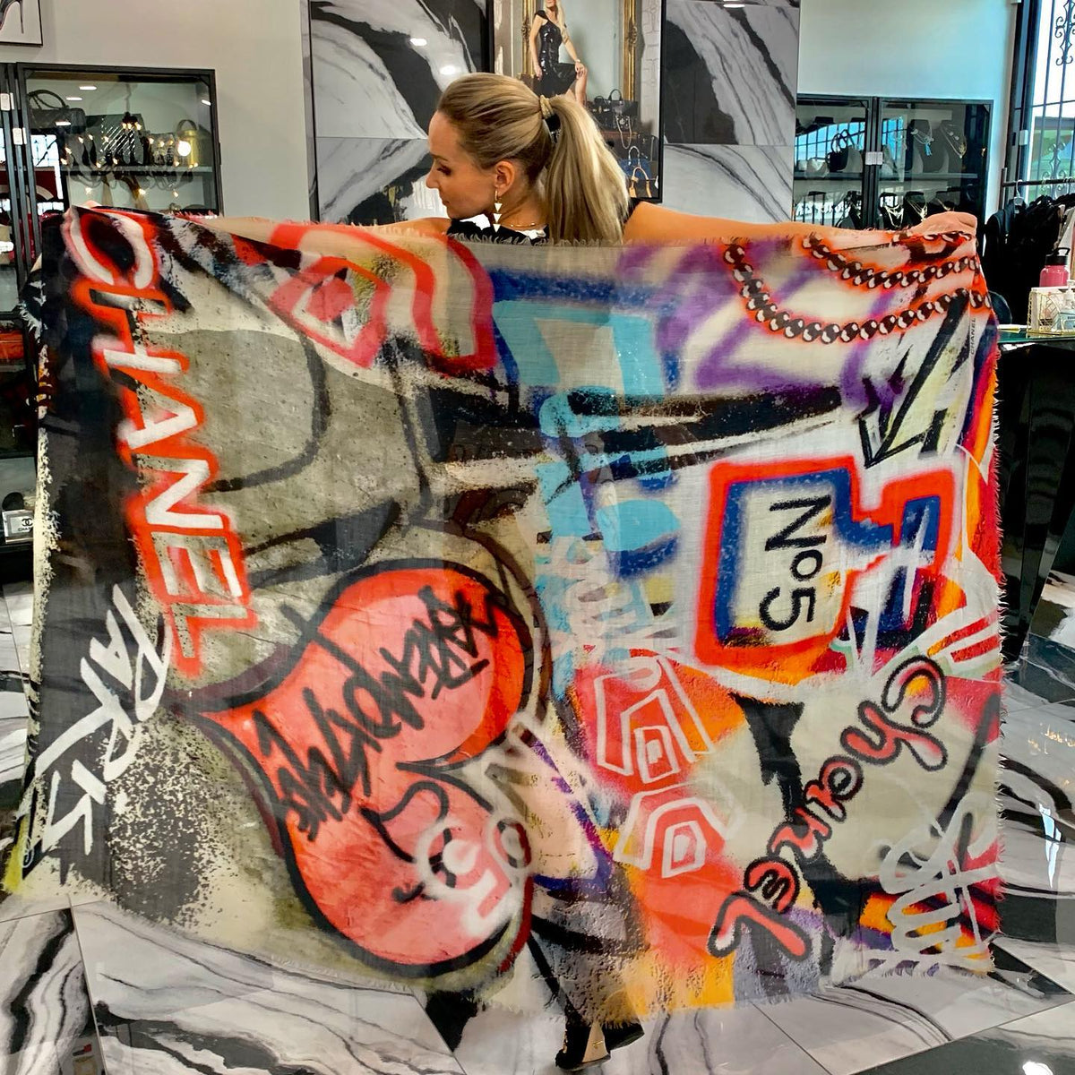 Chanel Graffiti Rare Cashmere Stole Scarf/Wrap