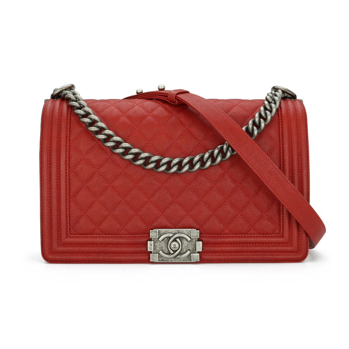 Chanel New Medium Boy Red Caviar Ruthenium Hardware 2016
