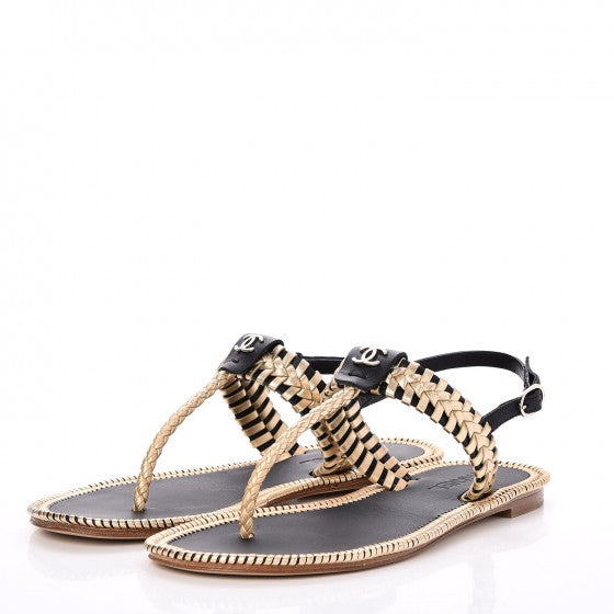 CHANEL Metallic Calfskin Braided Thong Sandals