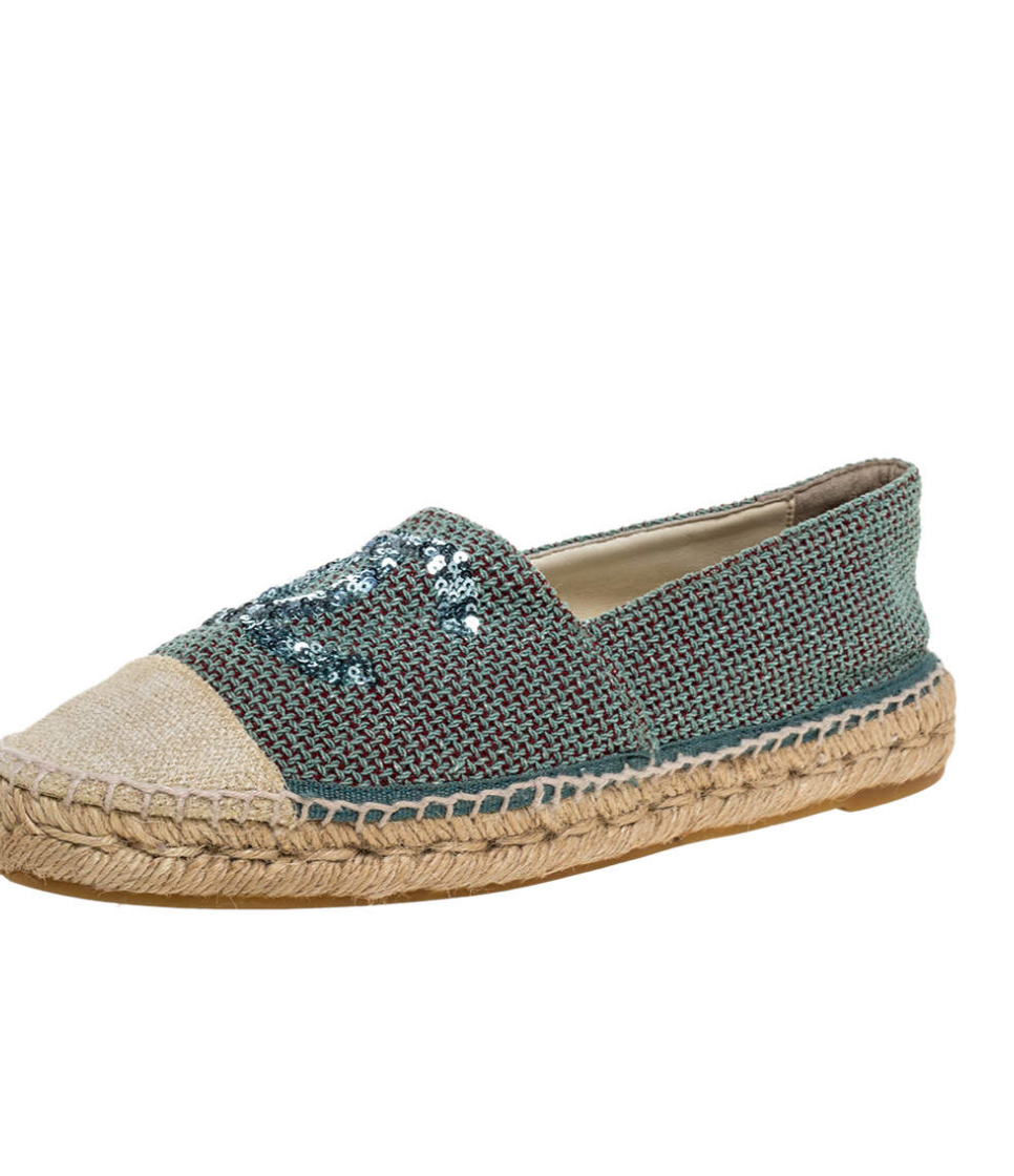 Chanel Green/Beige Canvas Sequin CC Espadrille Flats