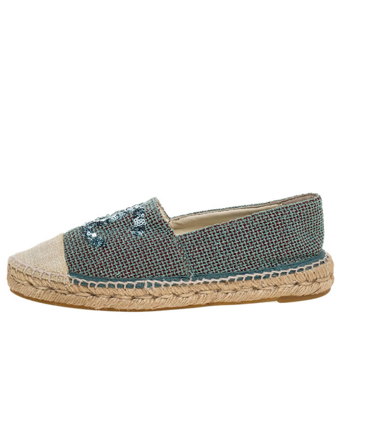 Chanel Green/Beige Canvas Sequin CC Espadrille Flats