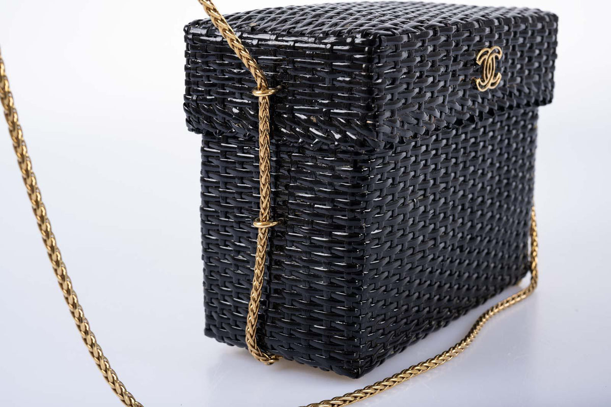 Chanel Vintage Black Wicker CC Picnic Lunch Basket Box Bag Gold Hardware