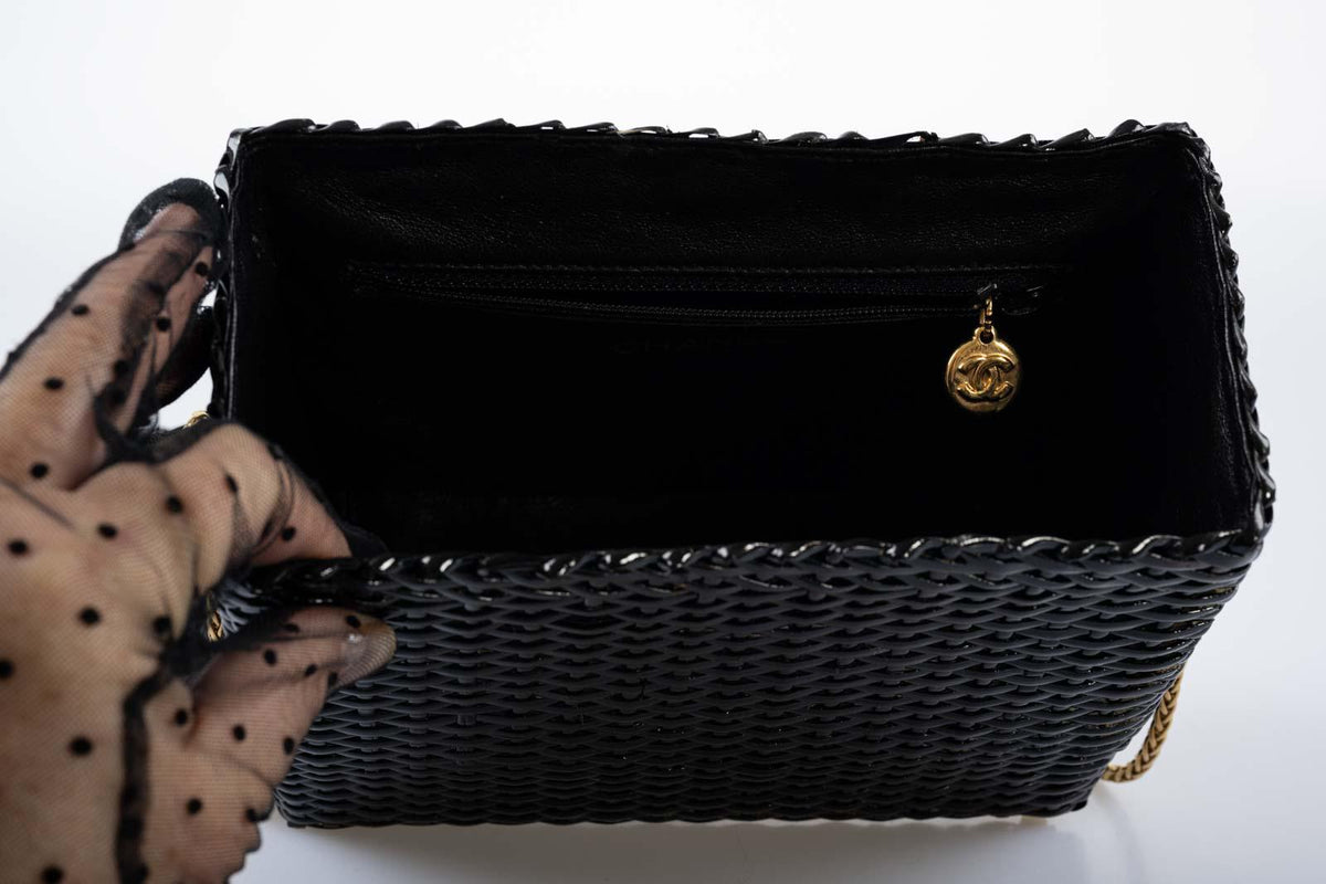 Chanel Vintage Black Wicker CC Picnic Lunch Basket Box Bag Gold Hardware