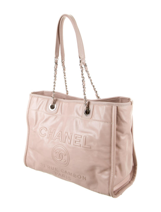 CHANEL GLAZED CALFSKIN LEATHER DEAUVILLE TOTE BAG IN PINK