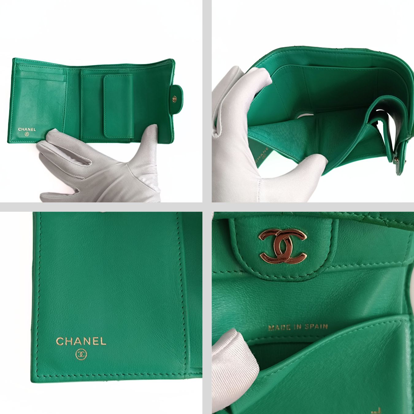 Top Quality Chanel compact trifold wallet in green leather