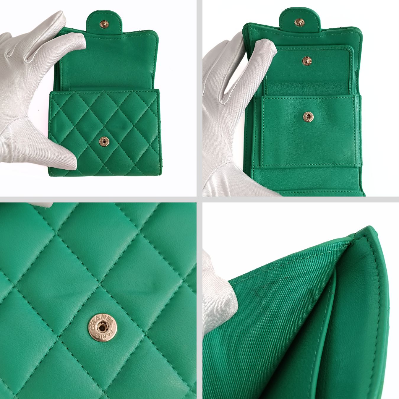 Top Quality Chanel compact trifold wallet in green leather