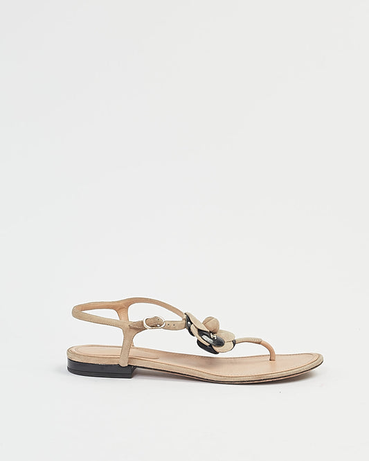 Chanel Beige/Black Camelia Flower Sandals - 38.5