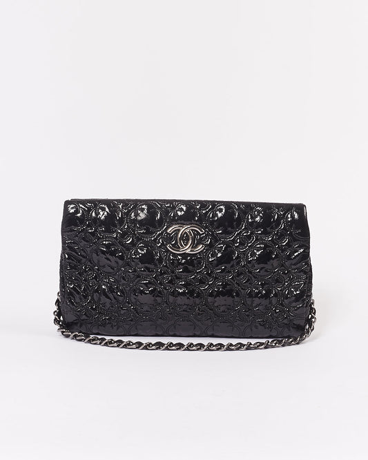 Chanel Black Patent Camellia Flower Pochette Chain Shoulder Bag