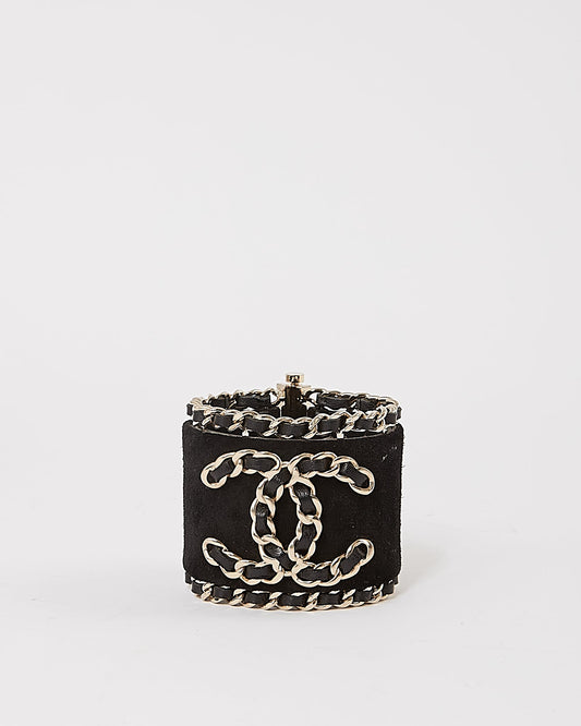 Chanel Black & Gold Tone Logo Suede Cuff Bracelet