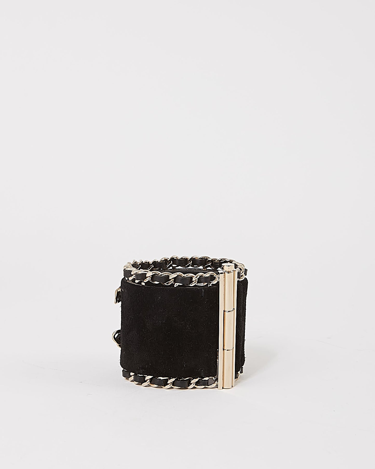 Chanel Black & Gold Tone Logo Suede Cuff Bracelet