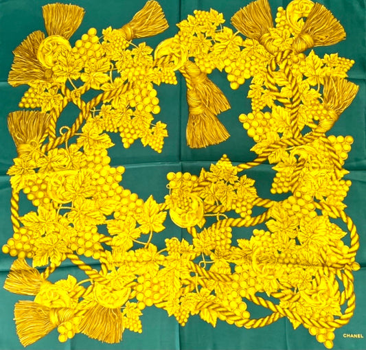 CHANEL GREEN FOLIAGE SILK SCARF