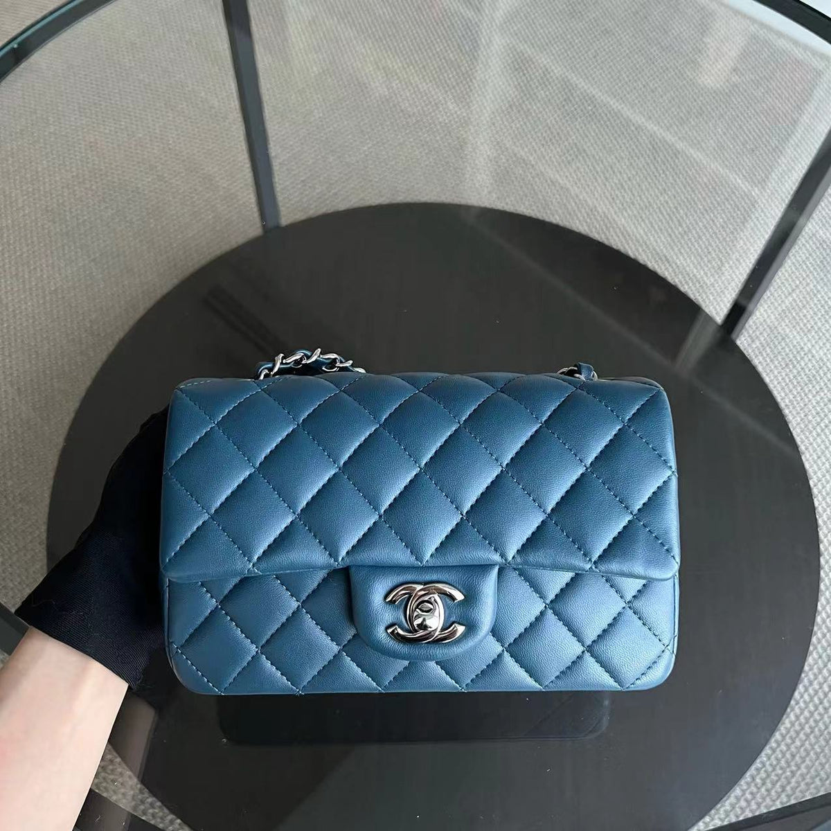 Mini Rectangle Classic Flap 20CM Quilted Lambskin Dark Blue Silver Hardware Series 28