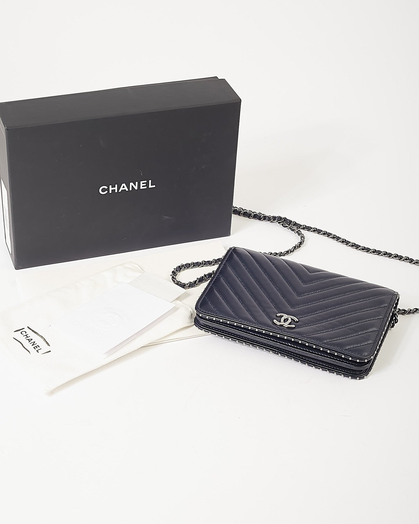Chanel Navy Metallic Chevron Lambskin Studded Wallet On Chain