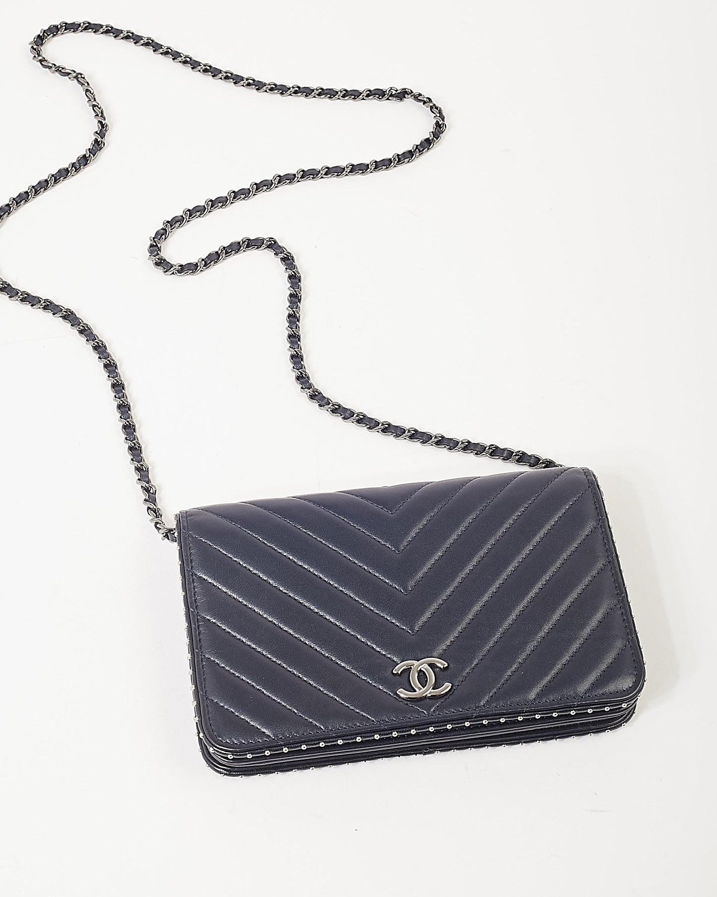 Chanel Navy Metallic Chevron Lambskin Studded Wallet On Chain