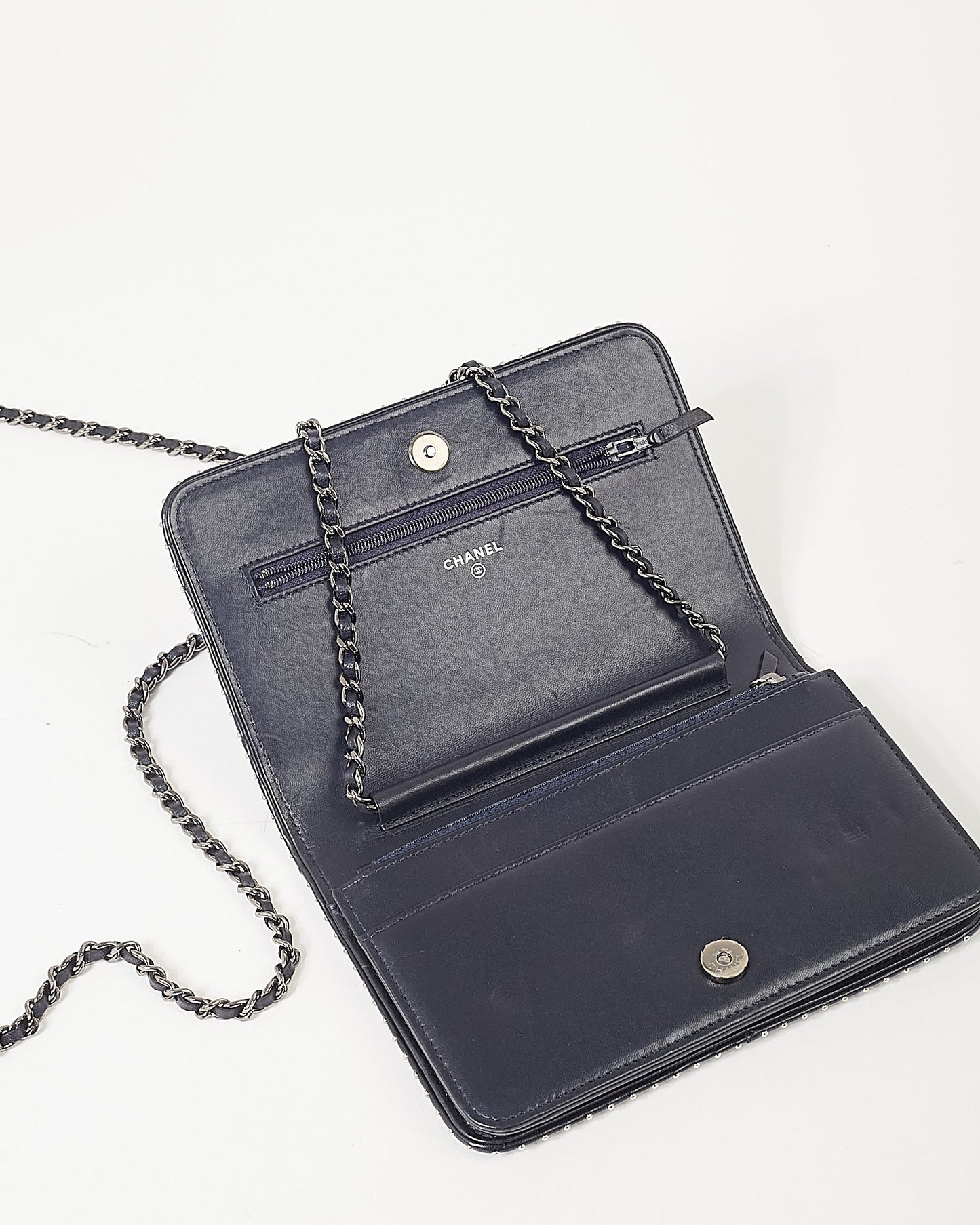 Chanel Navy Metallic Chevron Lambskin Studded Wallet On Chain
