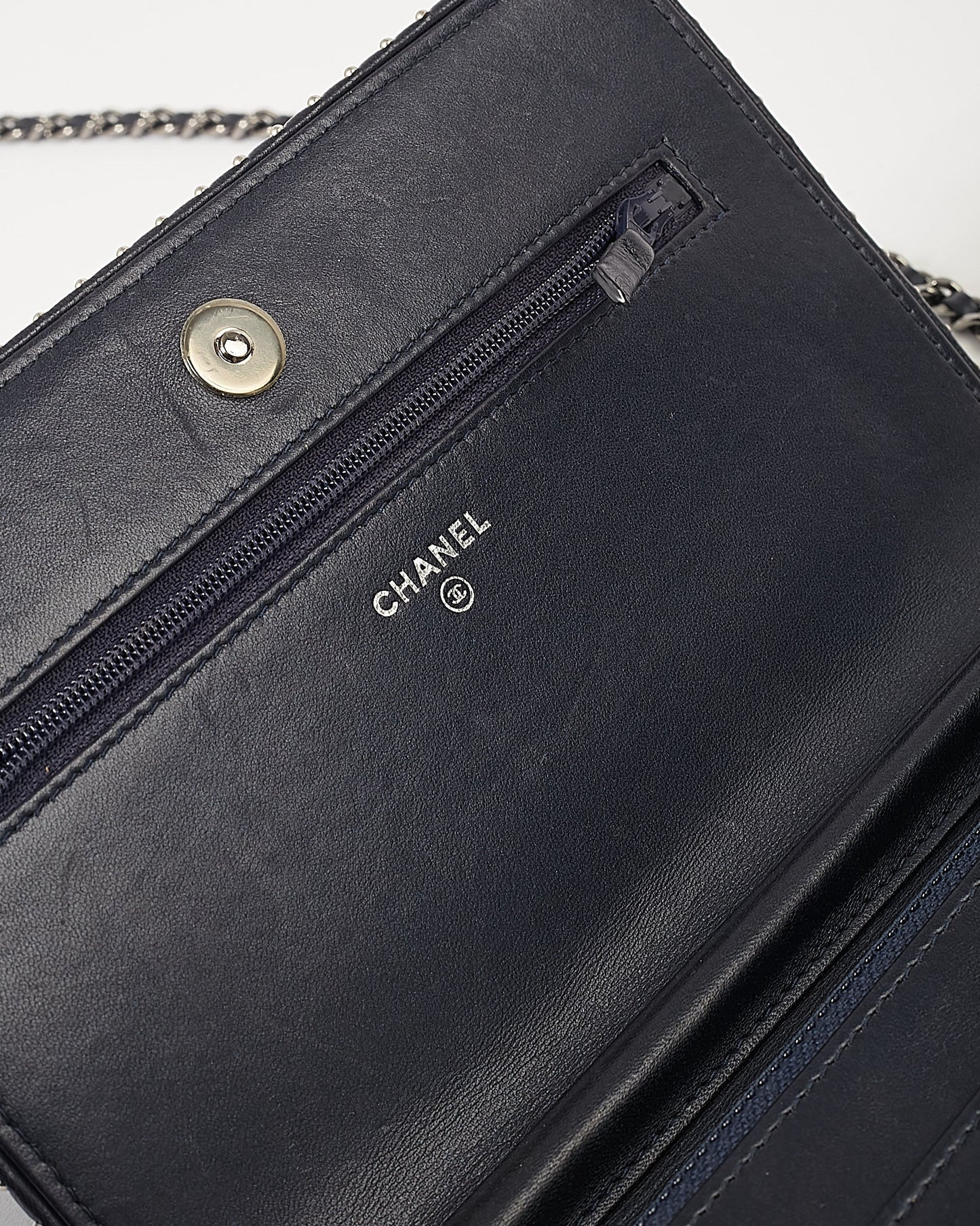 Chanel Navy Metallic Chevron Lambskin Studded Wallet On Chain