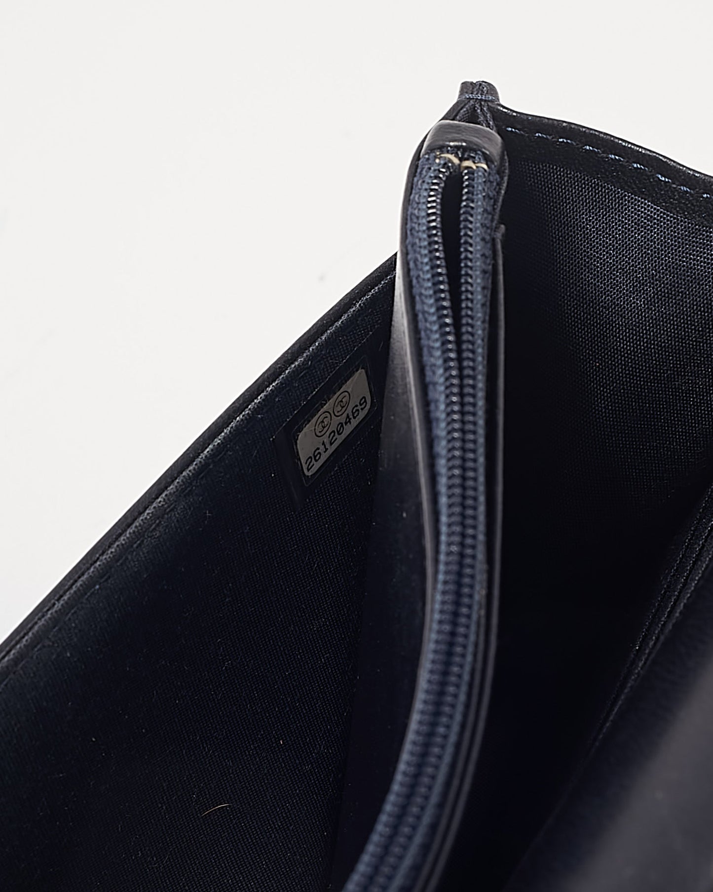Chanel Navy Metallic Chevron Lambskin Studded Wallet On Chain