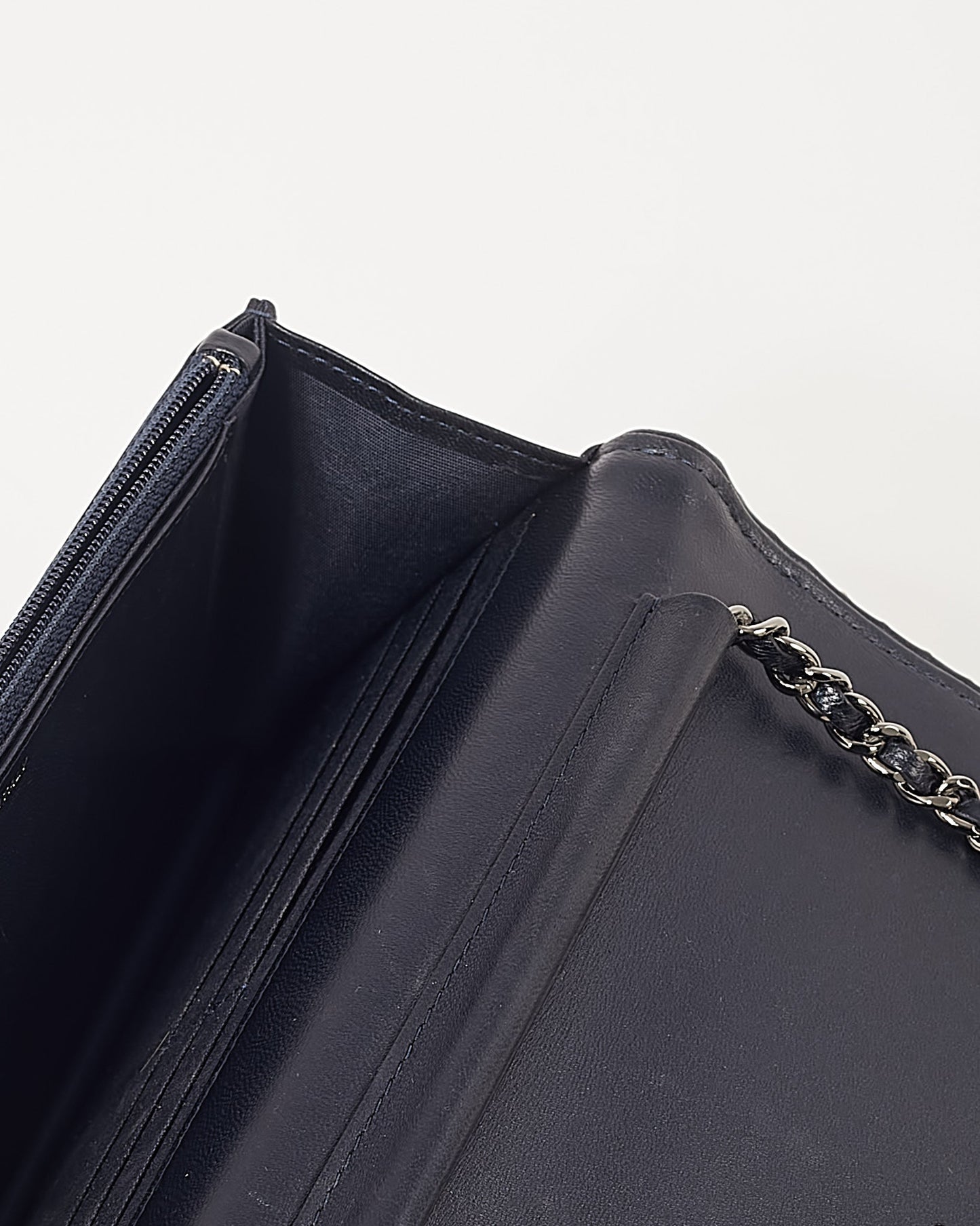 Chanel Navy Metallic Chevron Lambskin Studded Wallet On Chain