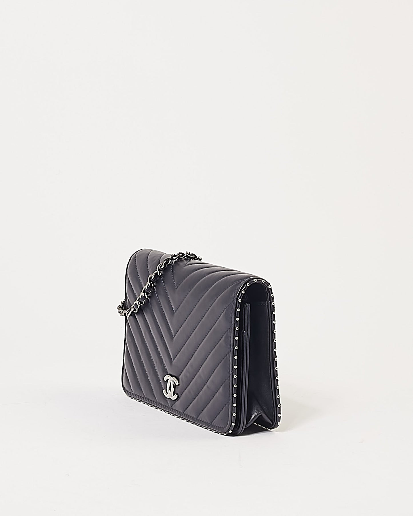 Chanel Navy Metallic Chevron Lambskin Studded Wallet On Chain