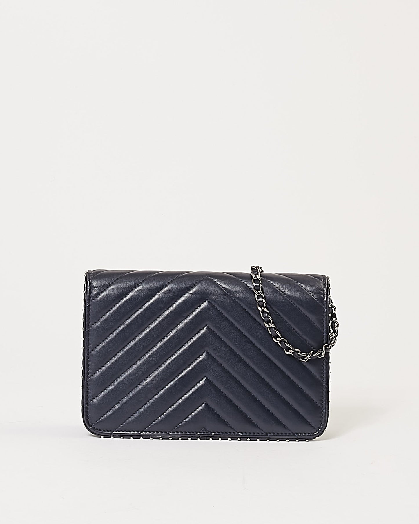 Chanel Navy Metallic Chevron Lambskin Studded Wallet On Chain