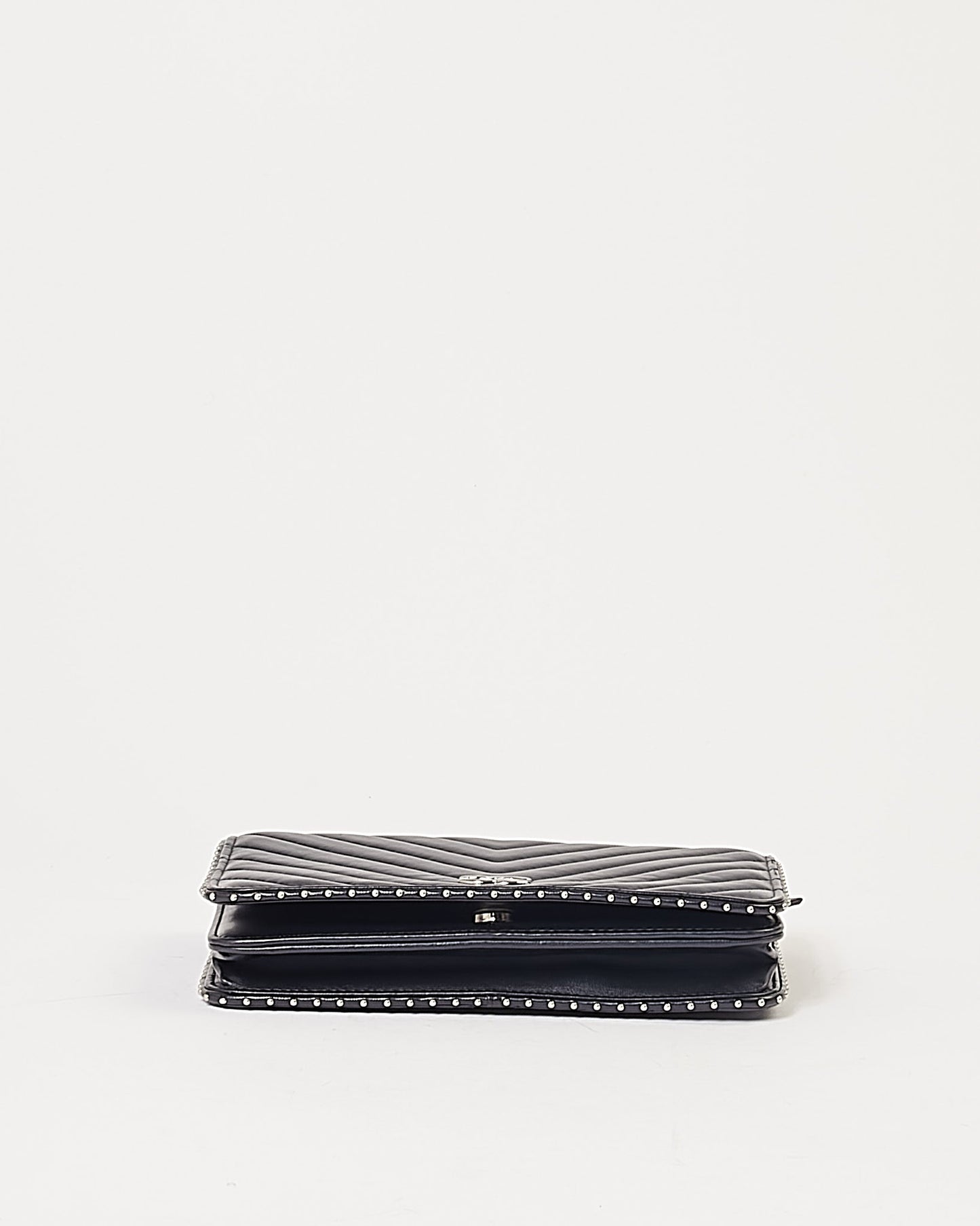 Chanel Navy Metallic Chevron Lambskin Studded Wallet On Chain