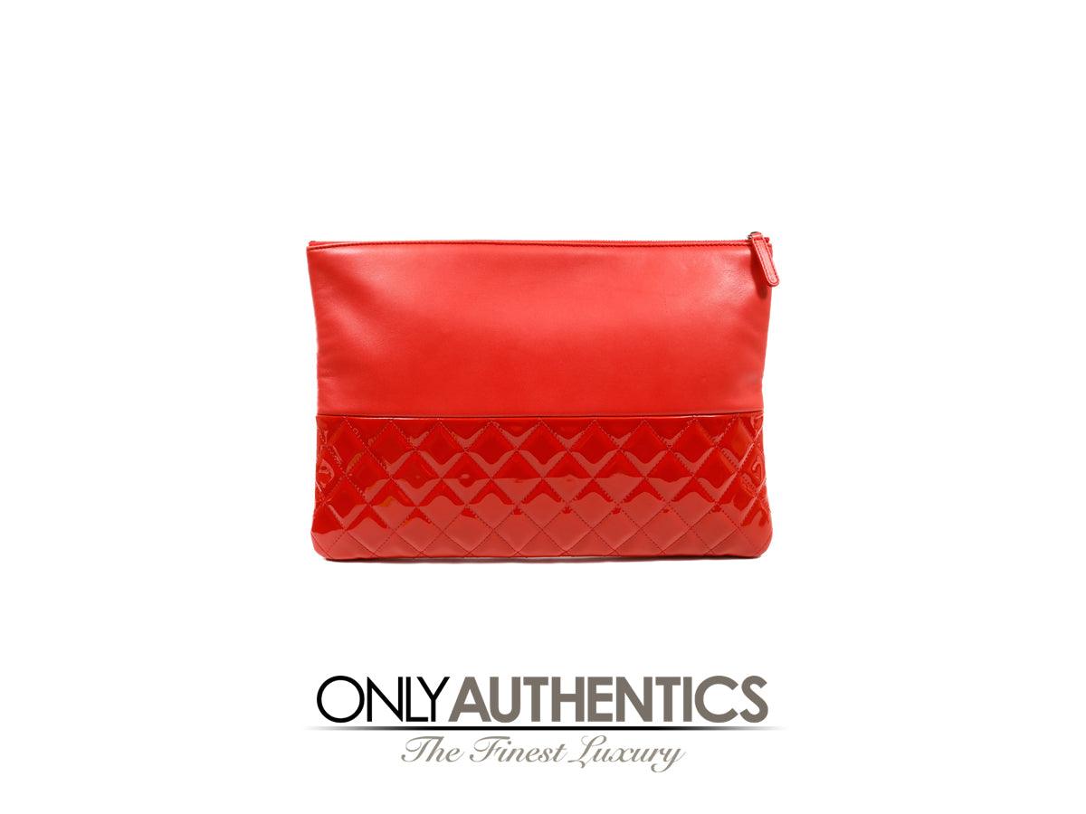 Chanel Red Lambskin and Patent Leather Clutch