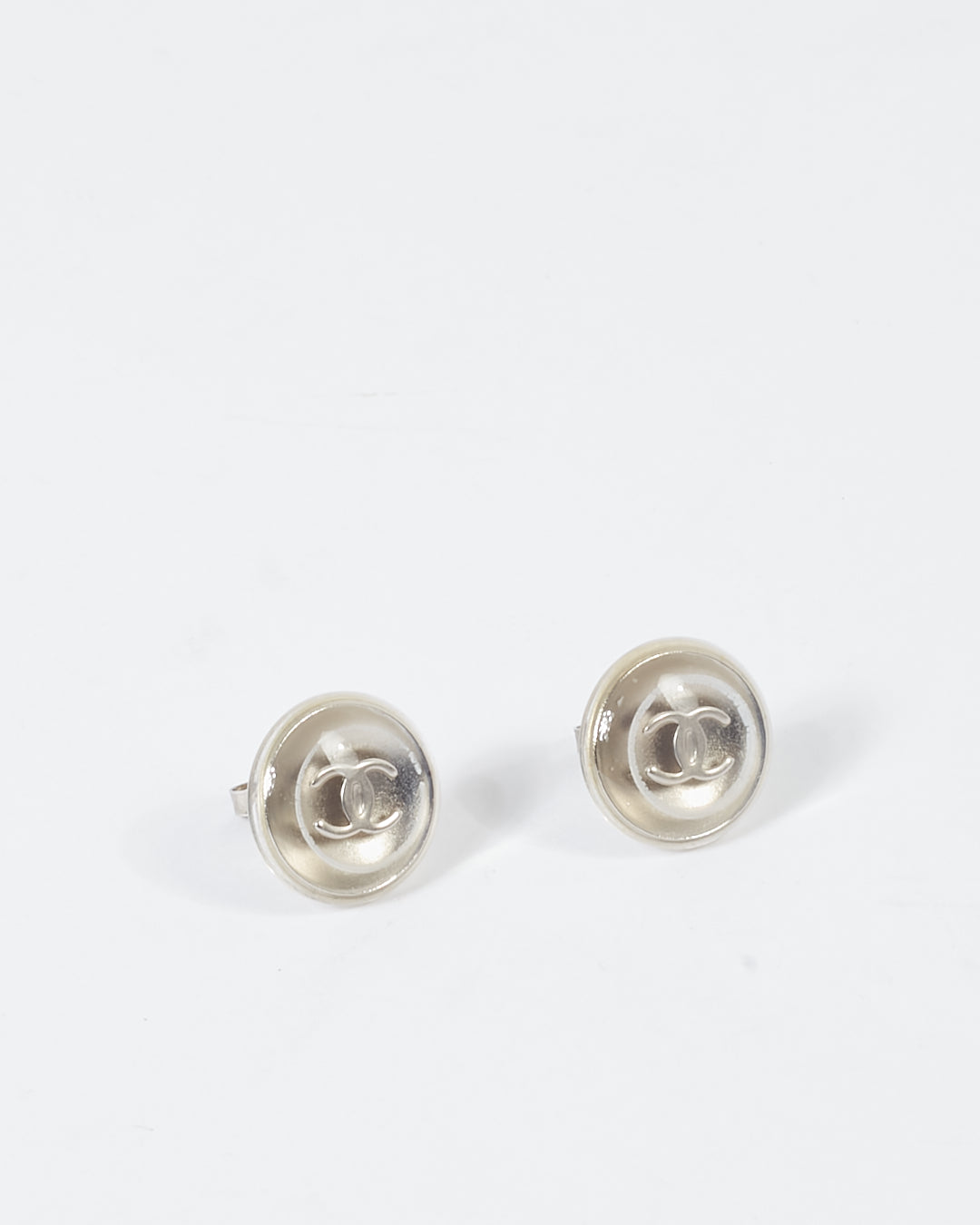 Chanel Silver Tone Transparent Rounded CC Logo Earrings
