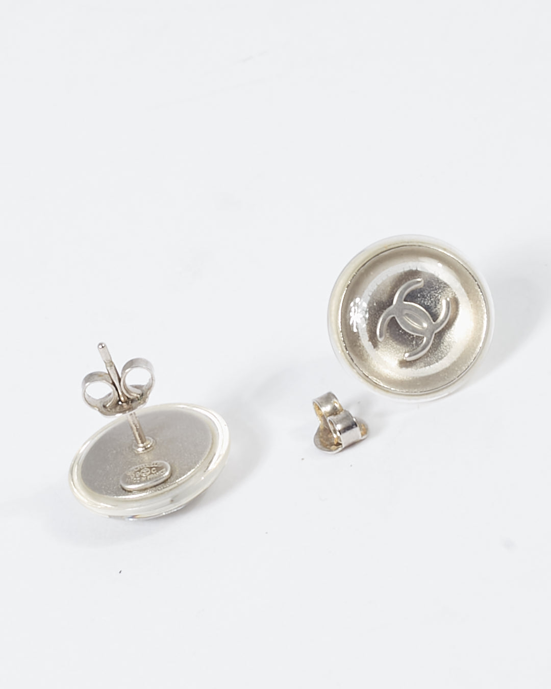 Chanel Silver Tone Transparent Rounded CC Logo Earrings