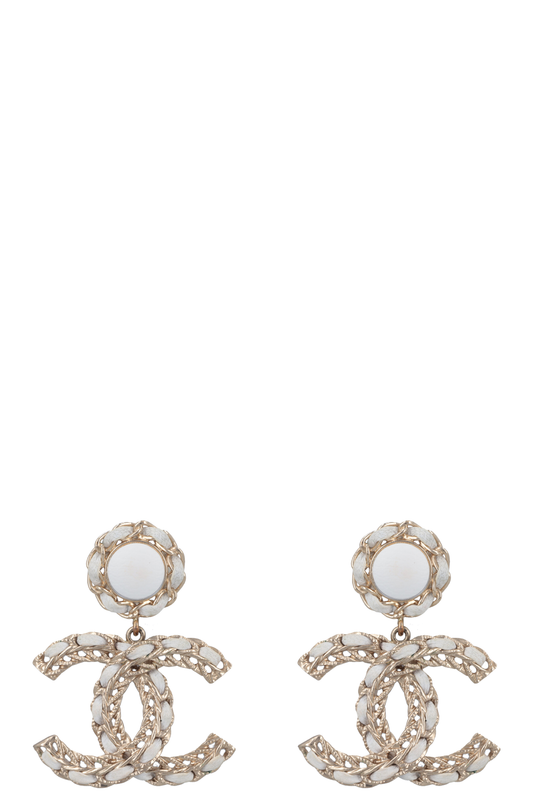 CHANEL 2022 Chain CC Drop Earrings White Gold