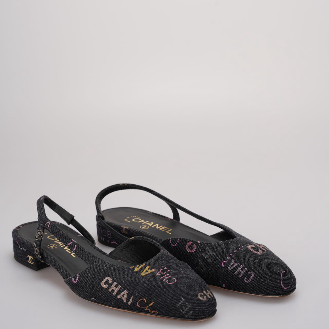 Chanel Black Denim Slingback Mademoiselle Coco Flat size 38