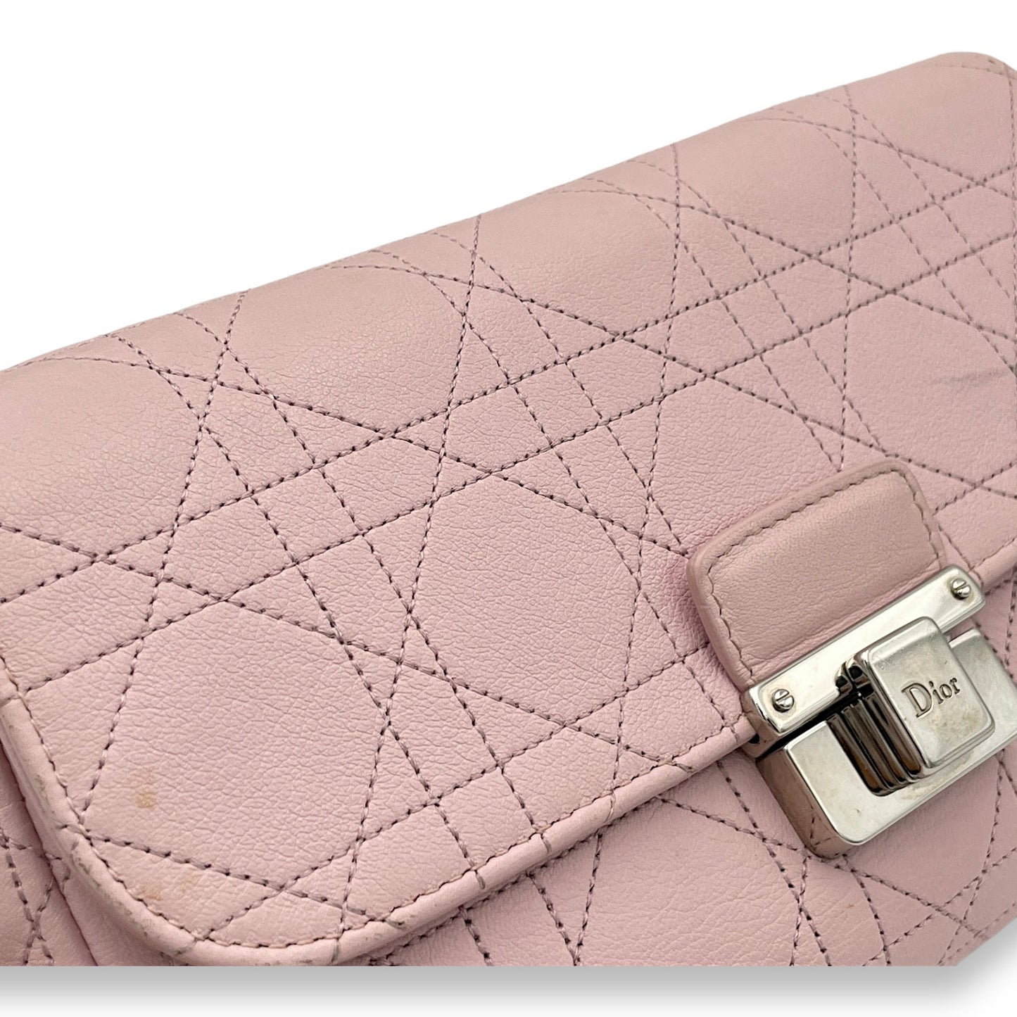 Cannage Stitched Diorling Pink Wallet On Chain in Calfskin, Silver hardware