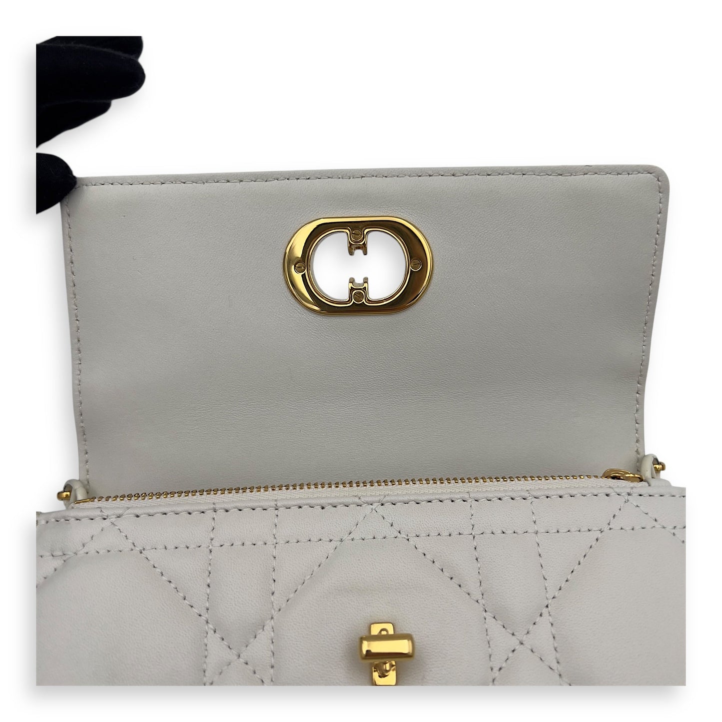 Miss Caro White Crossbody Bag in Calfskin, Gold hardware