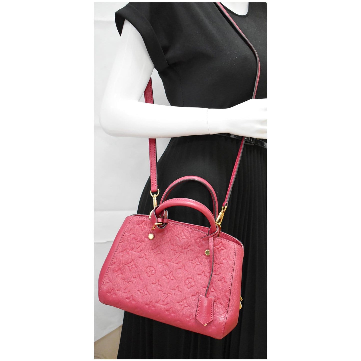 LOUIS VUITTON Montaigne BB Monogram Empreinte Leather Satchel Bag Dahlia