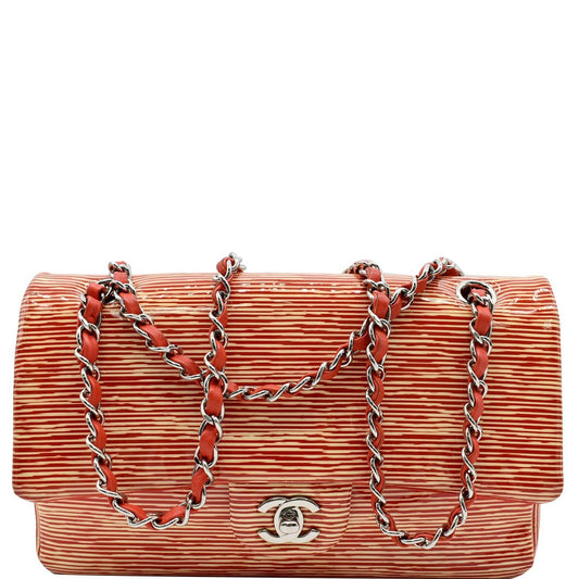 CHANEL Women Classic Medium Double Flap Striped Patent Leather Shoulder Bag White/Red